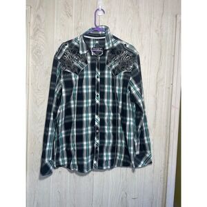 Roar Button Shirt Mens XL Blue White Plaid Embroidered Vintage Y2K Punk Grunge